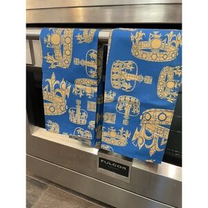 Set Of 2 New Royal British Crown Tea Towels King Queen Teal Blue Green Gold NWOT
